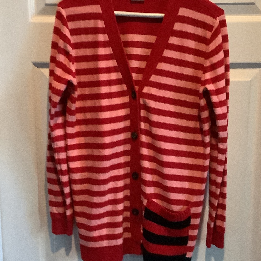 CAbi Pink and Red Striped‎ V-Neck Button Cardigan
